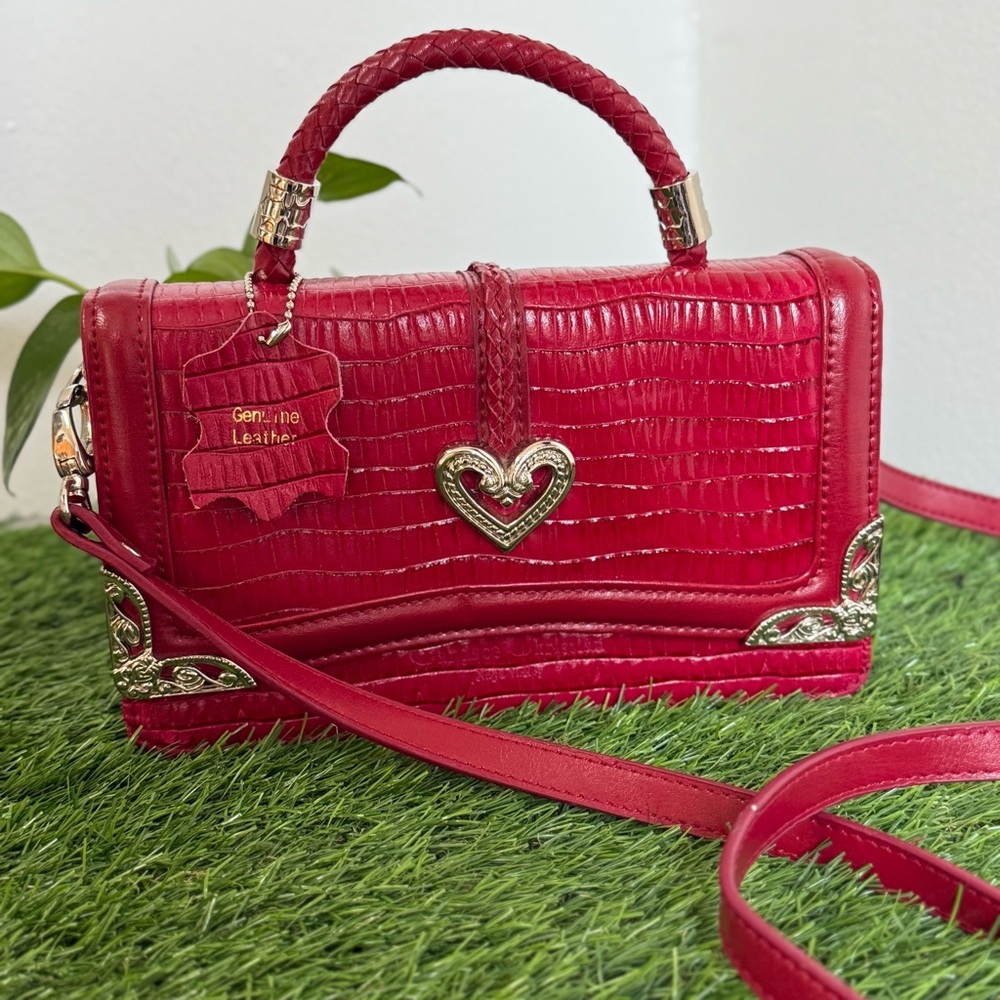 Brighton Genuine Leather Red Handbag Purse Crossbody Heart silver - Picture 2 of 15